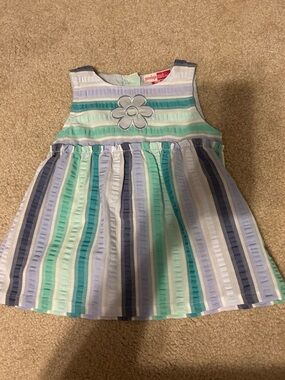 Penelope Mack Blue, Mint & White Striped Sleeveless Dress with Flower Applique